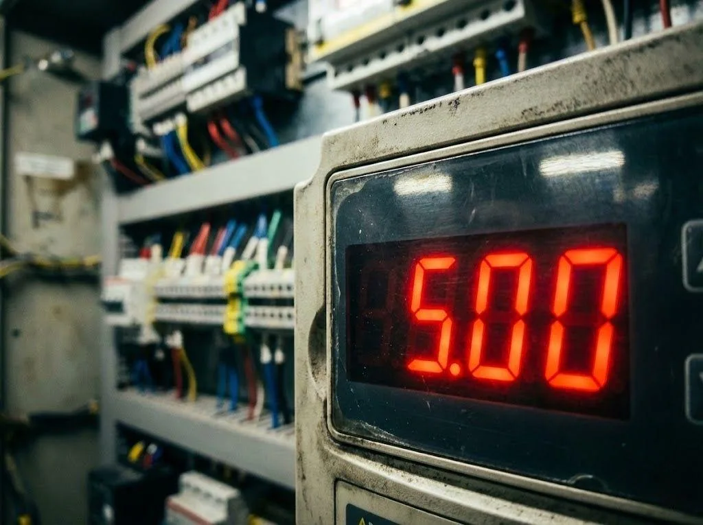 VFD display showing 5.00Hz, illustrating a VFD Frequency Not Increasing fault due to parameter limits or wiring errors.
