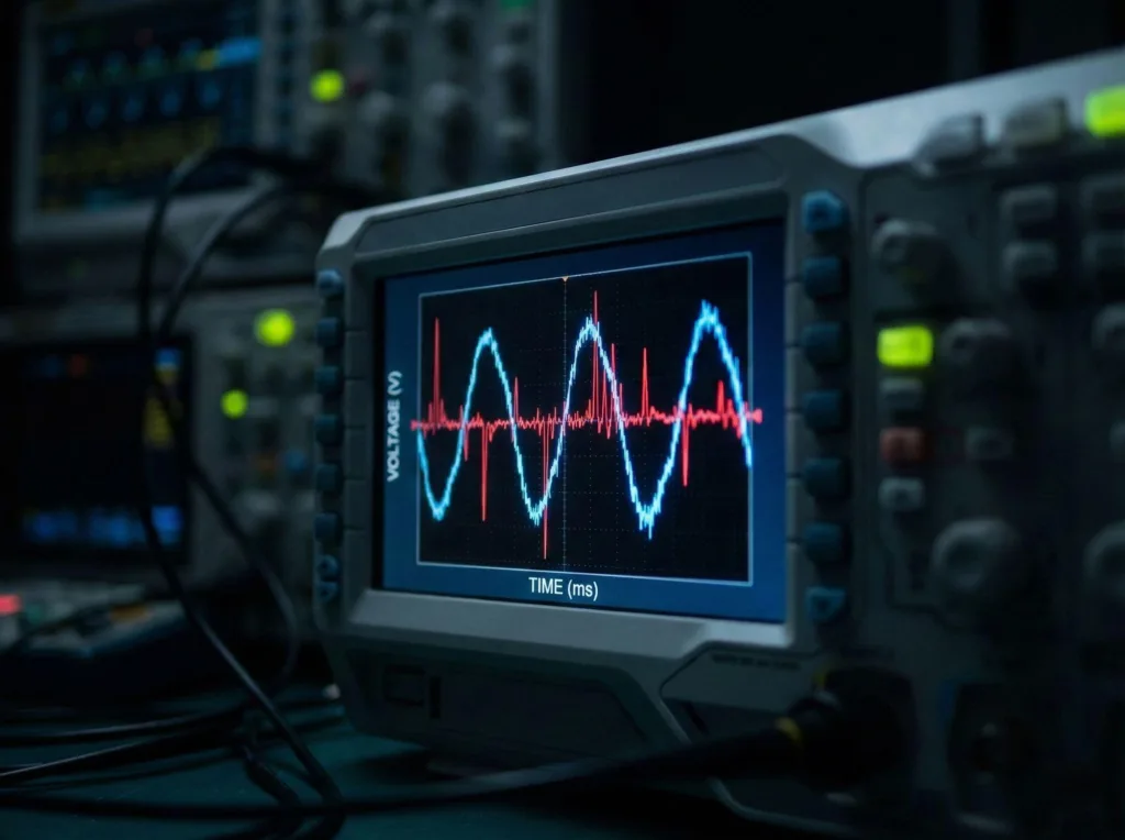 Oscilloscope showing severe VFD Harmonics distortion which is a primary cause of PLC Module Failure.