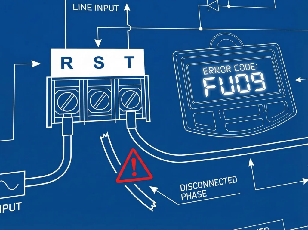 Diagram showing VFD input phase loss resulting in an undervoltage fault code on the display.