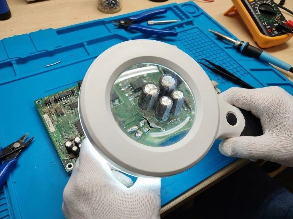 Technician inspecting aging components on a mainboard to diagnose why VFD Stops Randomly.