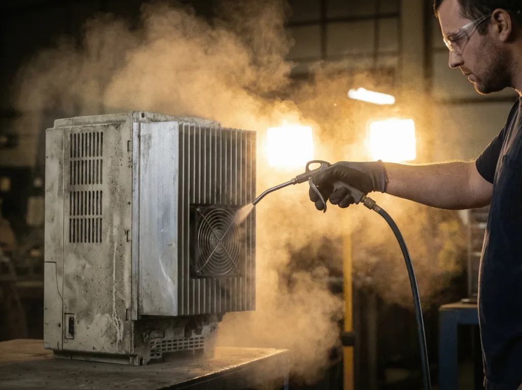 Cleaning dust from VFD to prevent static interference and false VFD Overvoltage Fault.