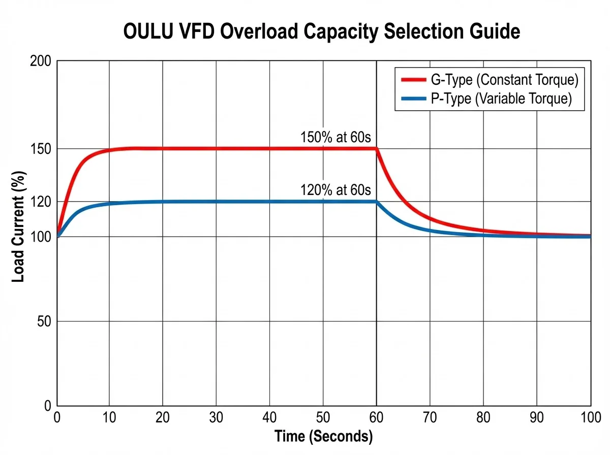 OULU VFD selection chart illustrating the difference in vfd overload capacity between high overload rated G-Type drives and low overload rated P-Type drives.