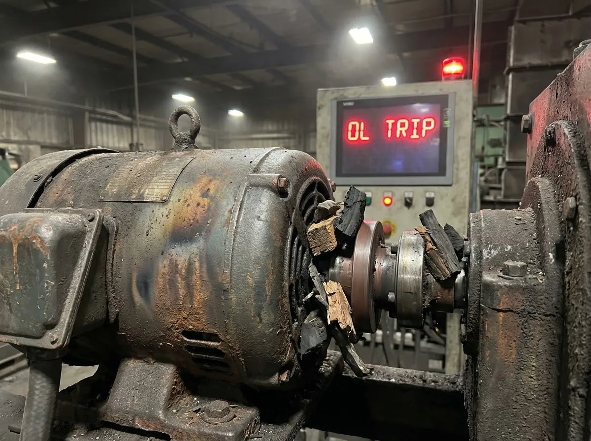 Industrial motor jammed by debris, a common mechanical cause leading to a vfd tripping on overload fault.