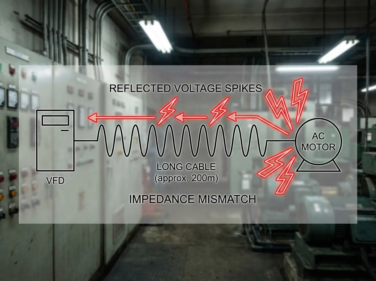 Diagram showing how long motor cables create voltage reflections leading to VFD IGBT failure.