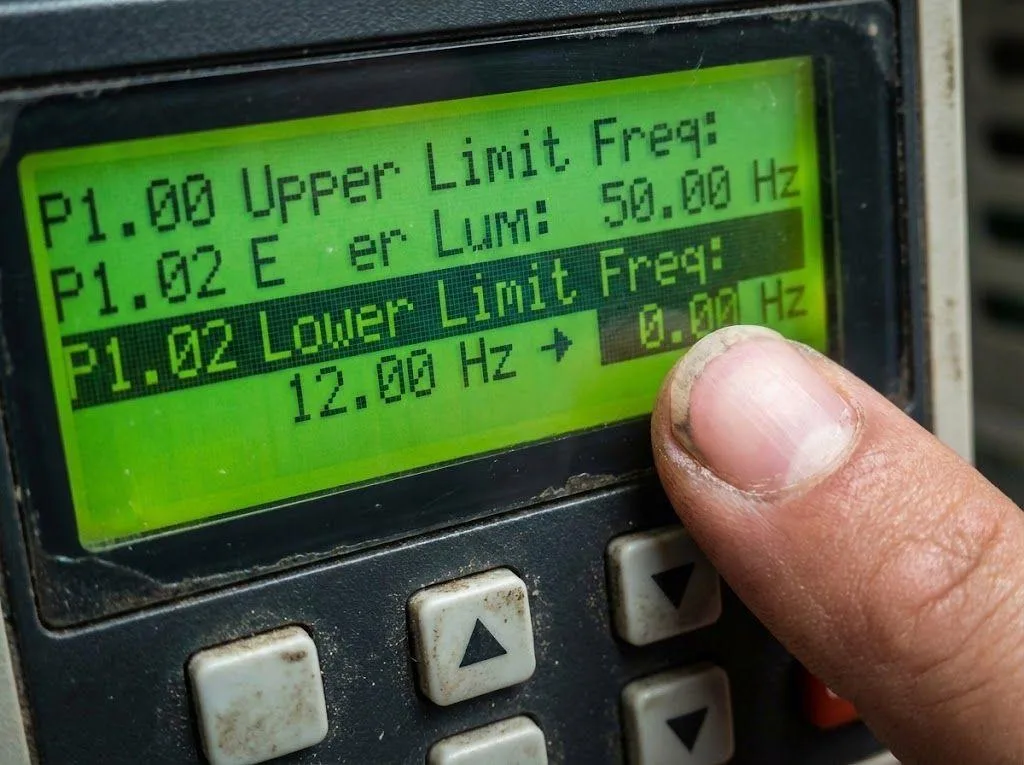 Adjusting Lower Limit Frequency parameter to fix VFD Won't Stop at 0Hz issue.