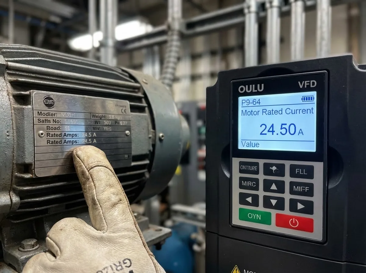 Technician adjusting the vfd overload current setting (parameter P9-64) on an OULU drive to match the exact amperage on the motor nameplate.