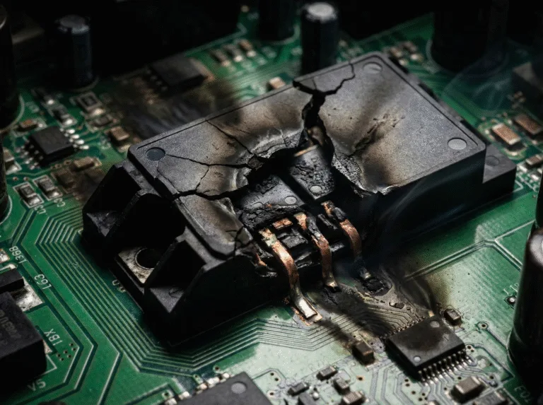 A destroyed IGBT module illustrating VFD IGBT failure caused by high voltage spikes from long cables.