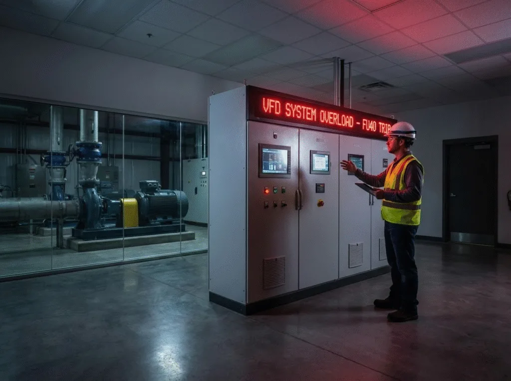 Comprehensive guide cover image showing an industrial engineer diagnosing a vfd overload fault (FU40 trip) in a modern control room.