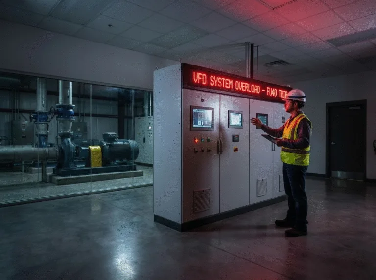 Comprehensive guide cover image showing an industrial engineer diagnosing a vfd overload fault (FU40 trip) in a modern control room.