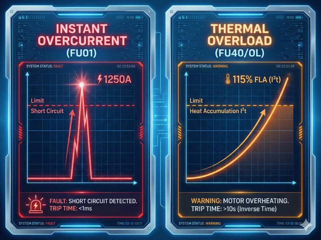 Technical chart illustrating the difference between instantaneous vfd overcurrent faults and gradual thermal vfd overload trips based on time and current curves.