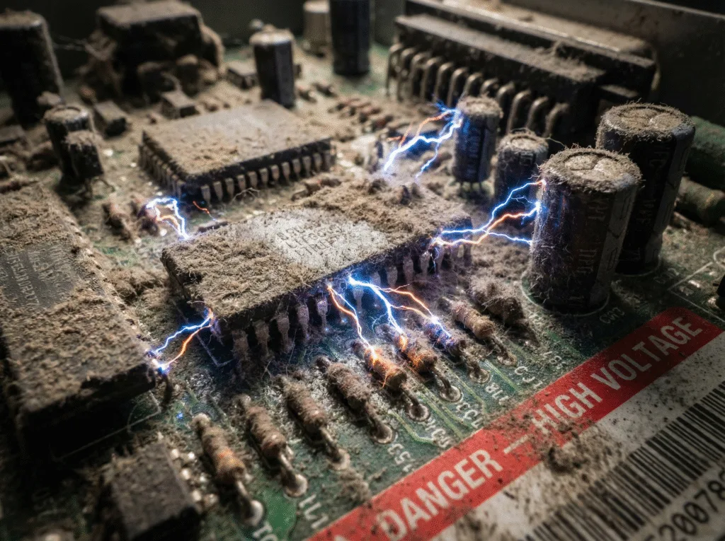 Static discharge from dust accumulation causing VFD Overvoltage Fault on inverter circuit boards.