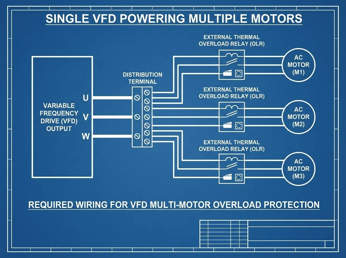 Electrical schematic diagram showing the correct vfd drive wiring with overload relays when a single VFD runs multiple motors simultaneously.