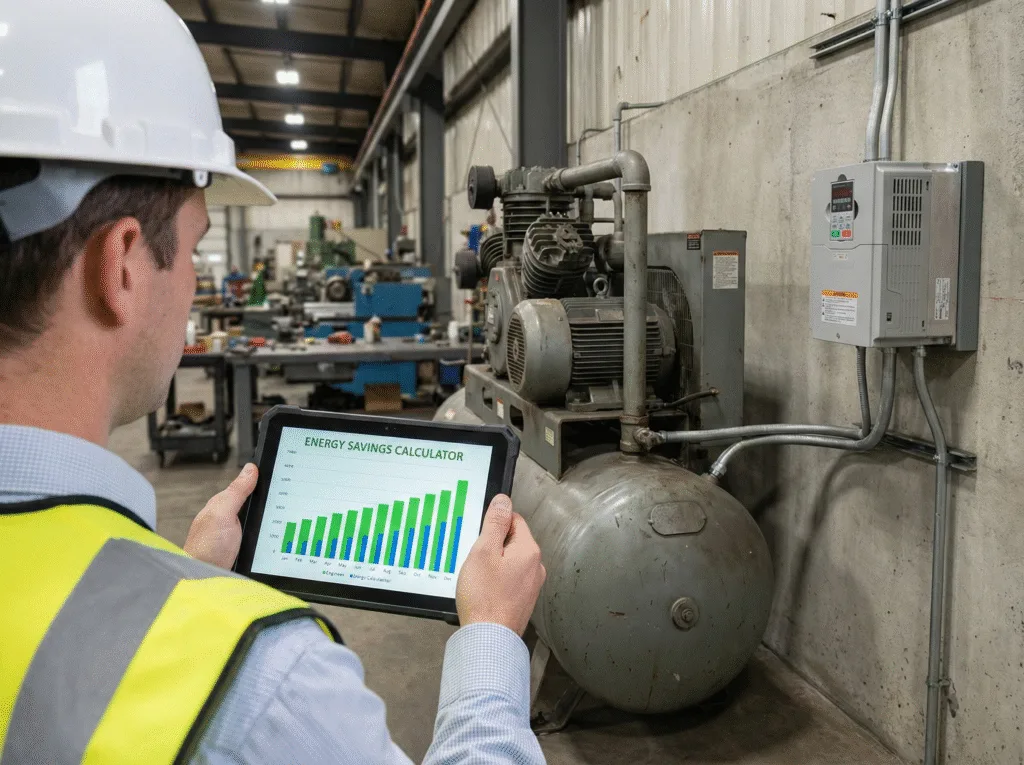 Industrial engineer using a tablet to calculate ROI and energy savings for an air compressor VFD retrofit project.