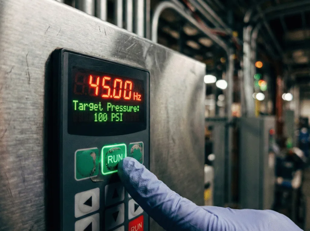 Close-up of a digital keypad on an intelligent VFD compressor, showing precise frequency adjustments and target pressure control.