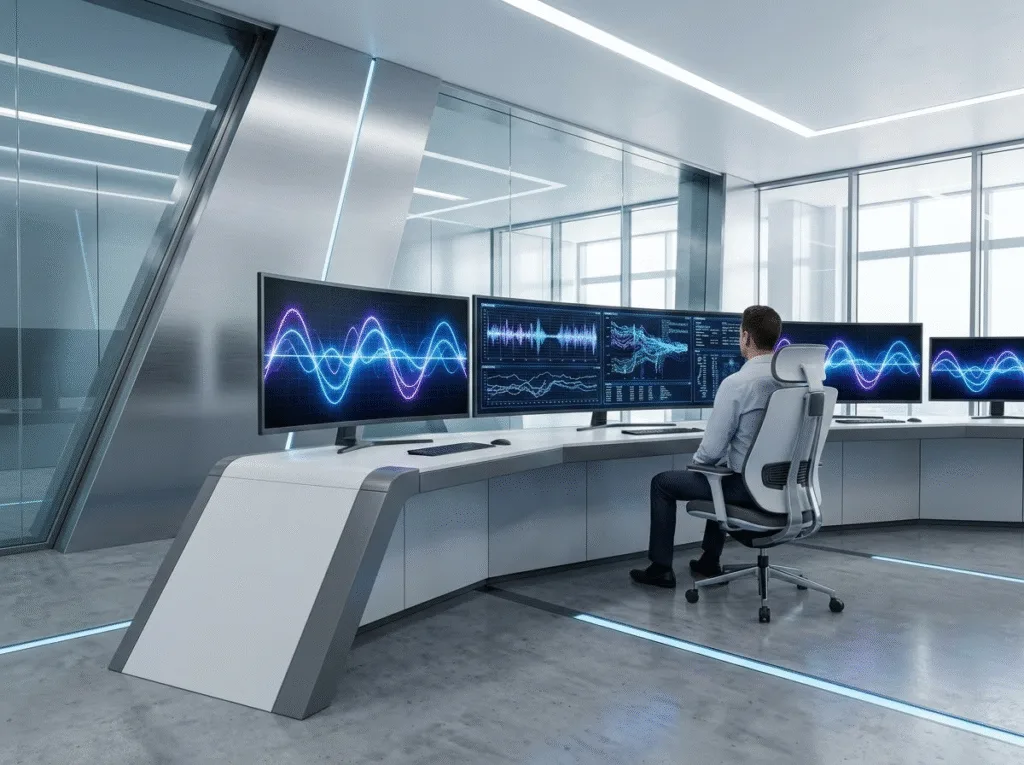 Industrial control room optimizing three phase current parameters.