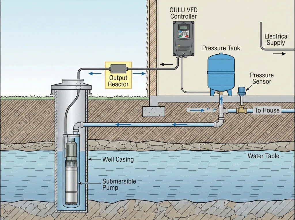 Diagram of a VFD constant pressure well pump system featuring a submersible pump, pressure tank, and output reactor for motor protection.