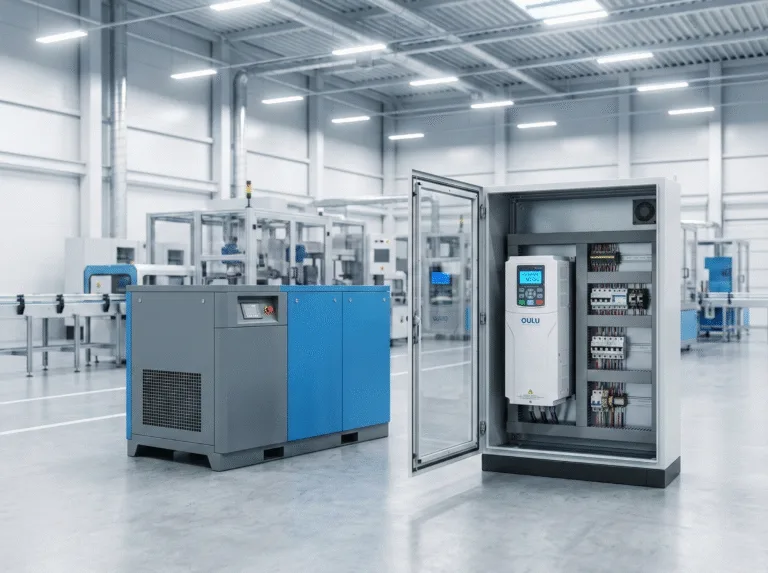 Comprehensive guide cover illustrating a modern industrial plant featuring a heavy-duty rotary screw VFD compressor system.