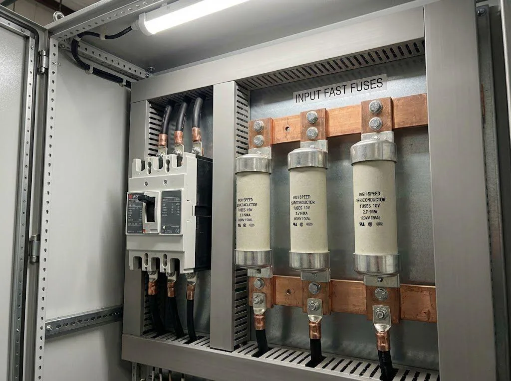 High-speed semiconductor fuses installed in a control panel for proper VFD overcurrent protection sizing.