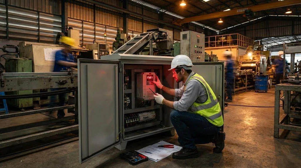 Industrial engineer troubleshooting an OULU drive displaying a VFD overcurrent fault code FU01 in a factory.