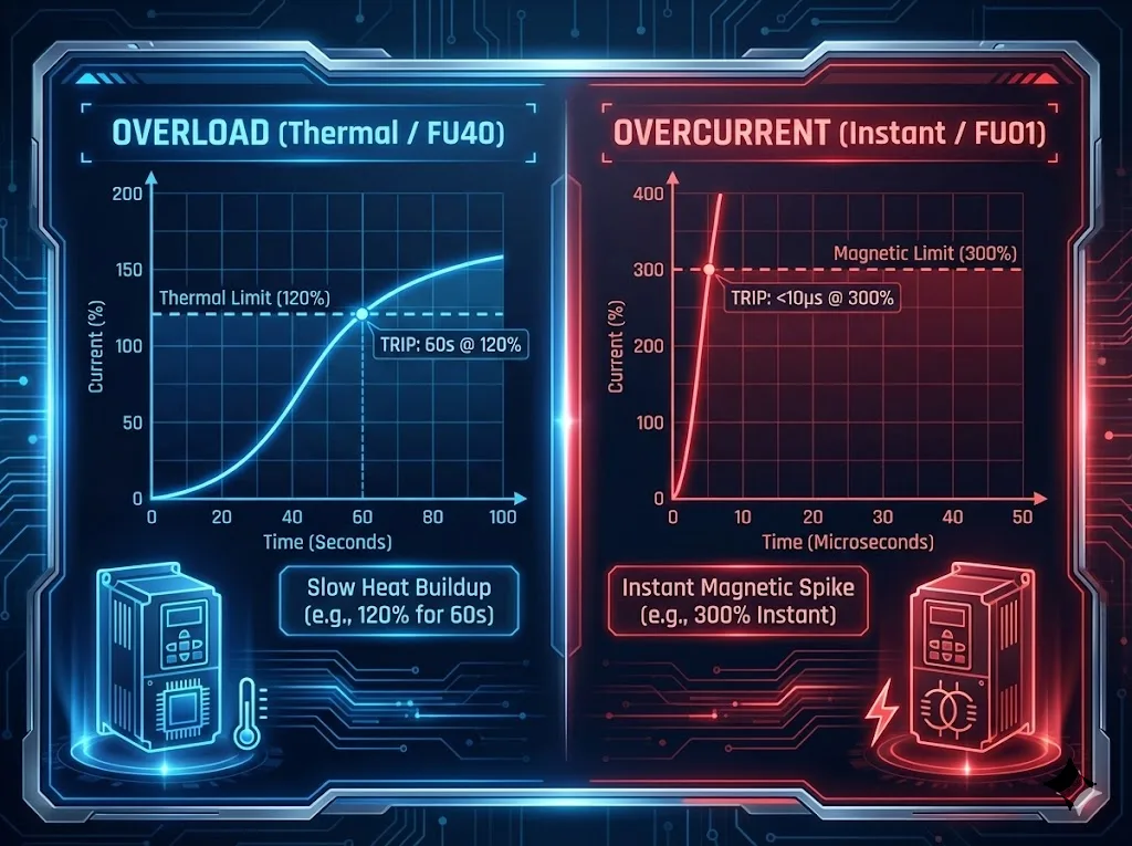 Comparison chart illustrating the difference between a thermal overload and an instantaneous VFD overcurrent fault.