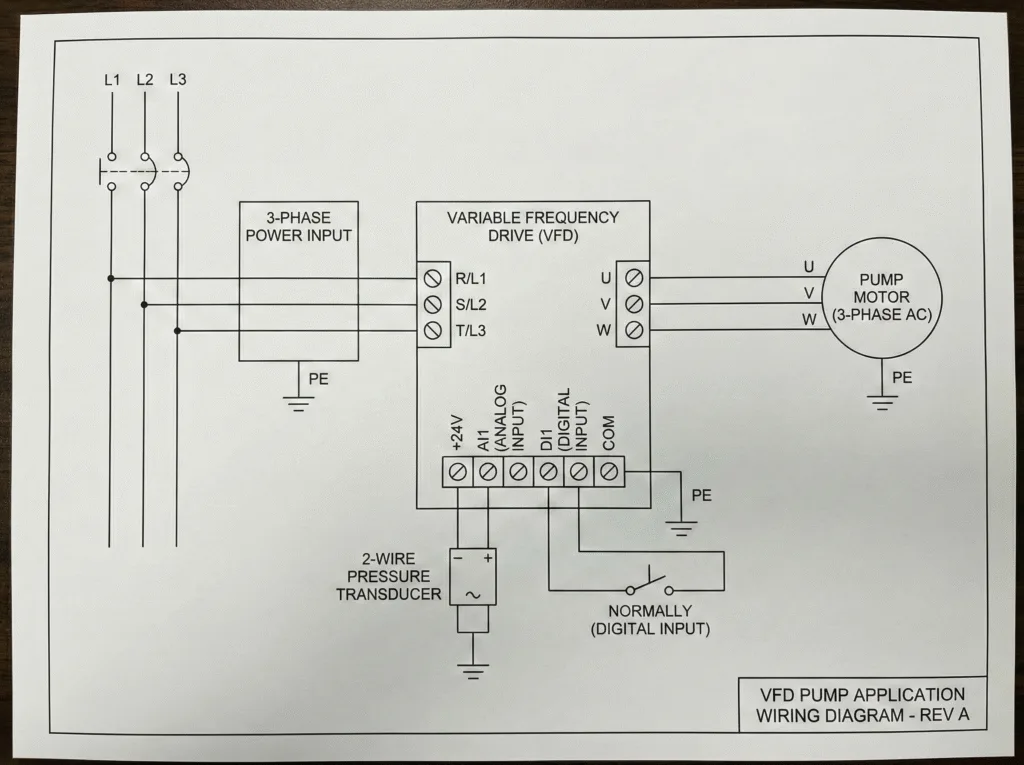 Standard electrical wiring diagram for an OULU EV210 VFD pump controller, showing connections for power, motor, and pressure transducer.