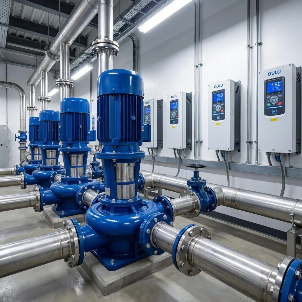 Modern industrial pump station featuring OULU variable frequency drives controlling centrifugal water pumps for energy efficiency.